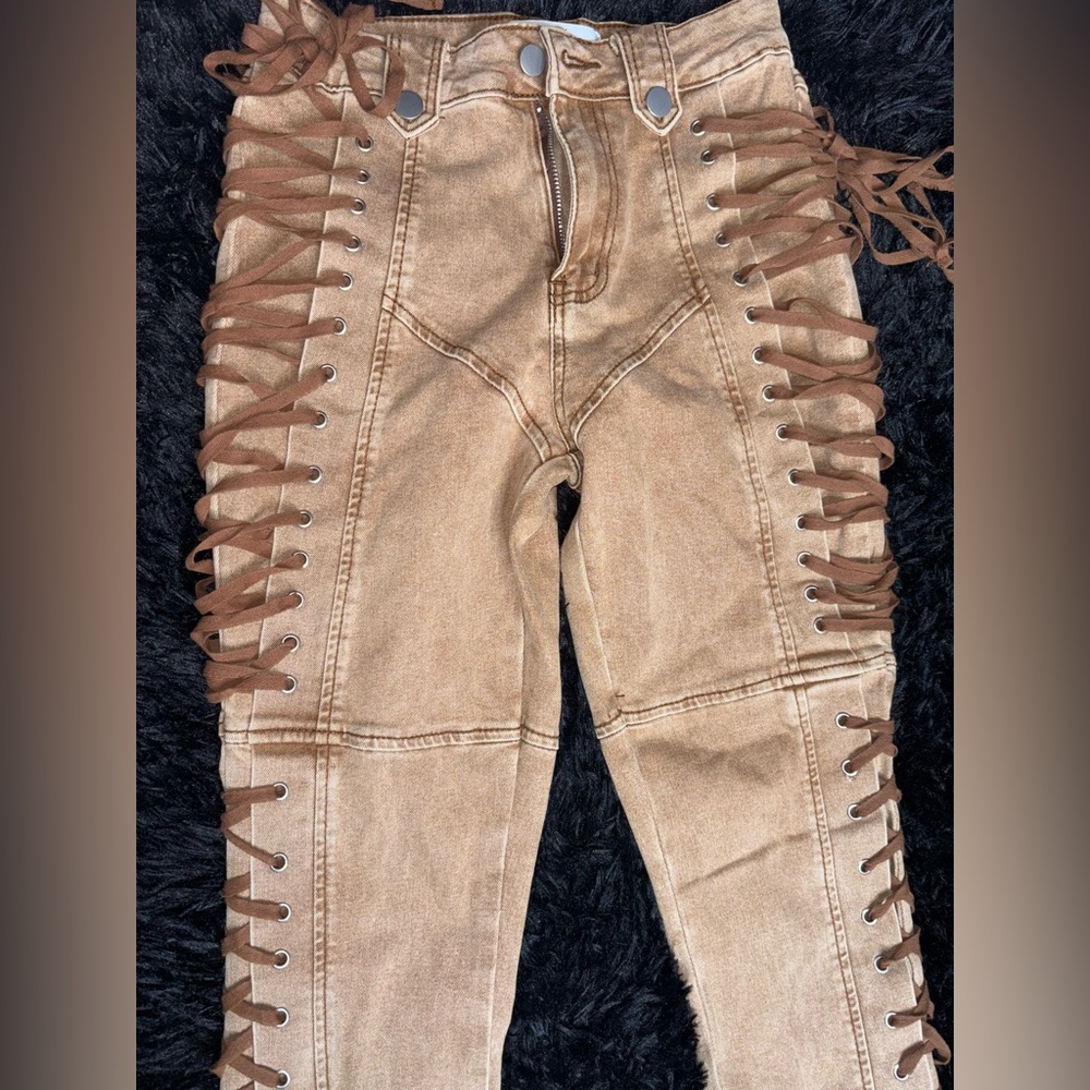 Brown Lace-Up Women Jeans